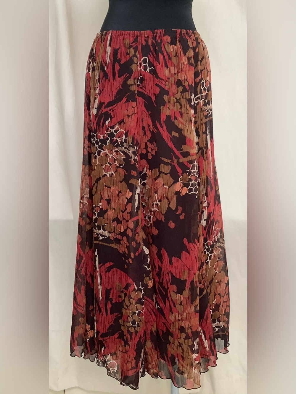 Ruby Road Midi Skirt-Brown Rust Tan Floral Pattern-Sheer-Lined-Stretch Waist-8